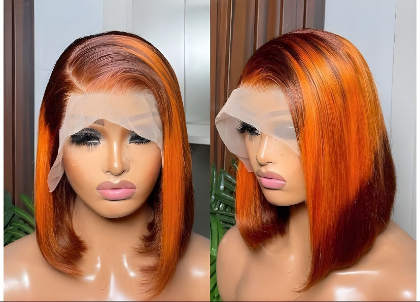 Burnt Orange Silky Straight Shoulder-Length Bob Lace Front Human Hair Wig