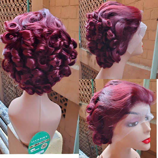 Burgundy Vintage Finger Wave Pixie Cut Lace Front Human Hair Wig with Sculpted Curls