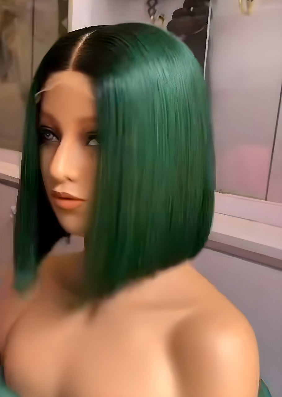 Emerald Green Silky Straight Blunt Cut Bob Lace Front Human Hair Wig