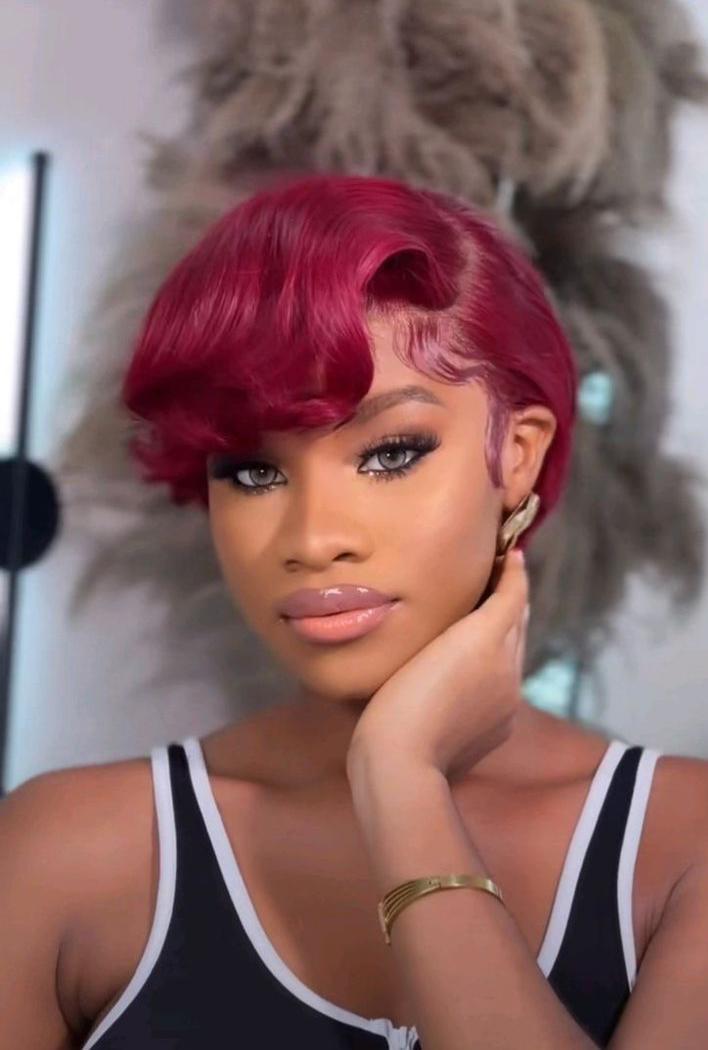 Burgundy Side-Swept Pixie Cut Human Hair Wig with Finger Waves