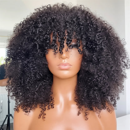 Afro Curly Human Hair Wigs with Bangs 250% Density Glueless Short Bob Curly Human Hair Wigs for Black Women Bob Afro Fringe Wig