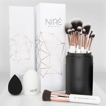 Beauty White 15Piece Award Winning Professional Makeup Brush Set: Vegan Makeup Brushes with Case, Makeup Sponge, Cleaner, Guide, Gift Box