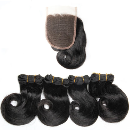 Bouncy Curly Human Hair Bundles with Closure Short Bob Human Hair Weave Extensions