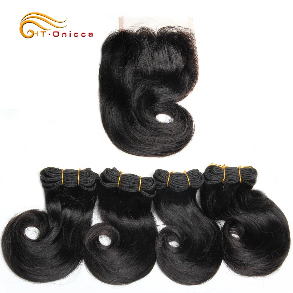 Bouncy Curly Human Hair Bundles with Closure Short Bob Human Hair Weave Extensions