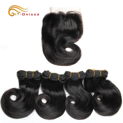 Bouncy Curly Human Hair Bundles with Closure Short Bob Human Hair Weave Extensions