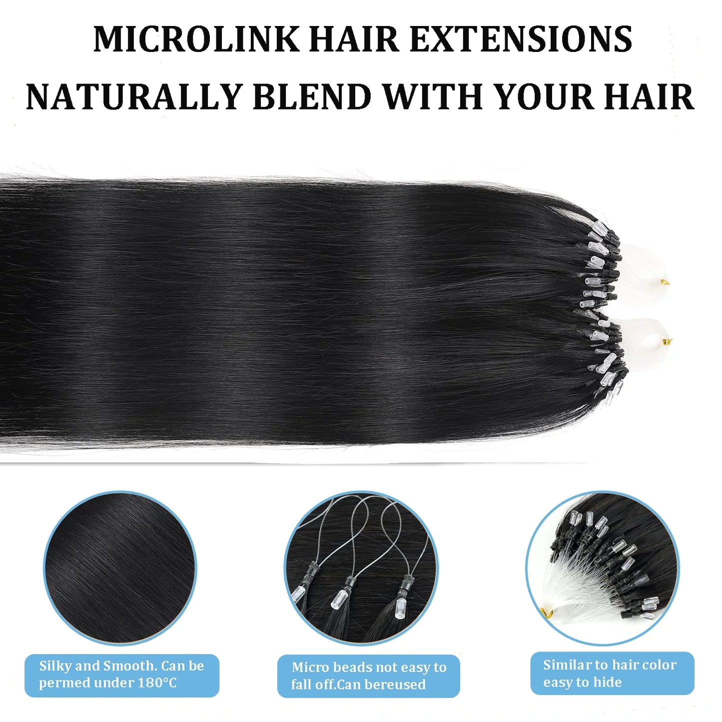Straight Human Hair Extensions for Women Brazilian Remy Hair Micro Loop Invisible Natural Black
