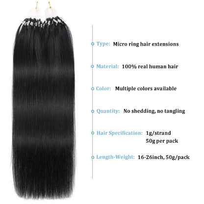 Straight Human Hair Extensions for Women Brazilian Remy Hair Micro Loop Invisible Natural Black