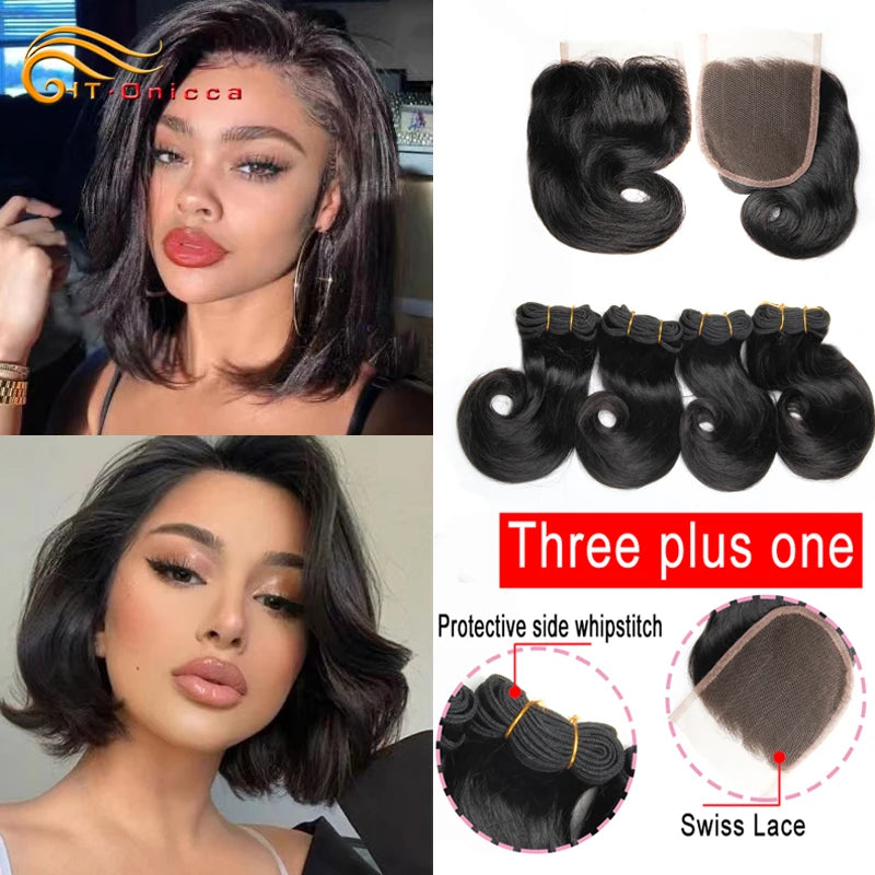 Bouncy Curly Human Hair Bundles with Closure Short Bob Human Hair Weave Extensions