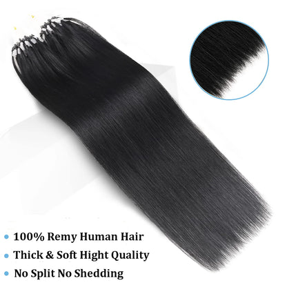 Straight Human Hair Extensions for Women Brazilian Remy Hair Micro Loop Invisible Natural Black