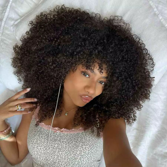 Afro Curly Human Hair Wigs with Bangs 250% Density Glueless Short Bob Curly Human Hair Wigs for Black Women Bob Afro Fringe Wig